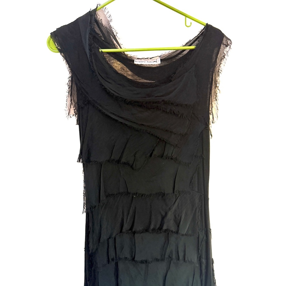 Tempo Paris Tiered Silk Raw Edge Asymmetrical Black Dress, Size M - Picture 15 of 16